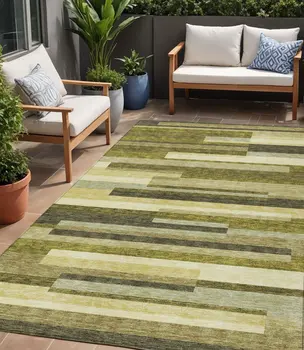 5' X 8' Olive Green Ivory And Beige Striped Washable Indoor Outdoor Area Rug