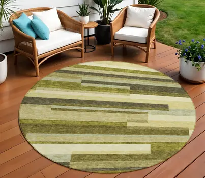 8' Olive Green Ivory And Beige Round Striped Washable Indoor Outdoor Area Rug
