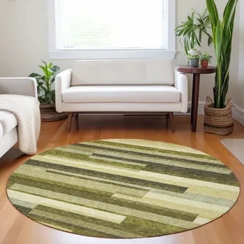 8' Olive Green Ivory And Beige Round Striped Washable Indoor Outdoor Area Rug