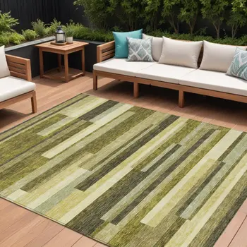 8' X 10' Olive Green Ivory And Beige Striped Washable Indoor Outdoor Area Rug