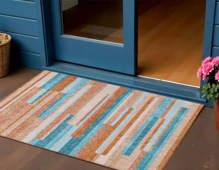 3' X 5' Orange Teal Blue And Salmon Striped Washable Indoor Outdoor Area Rug