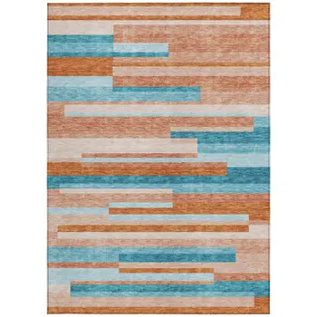 3' X 5' Orange Teal Blue And Salmon Striped Washable Indoor Outdoor Area Rug