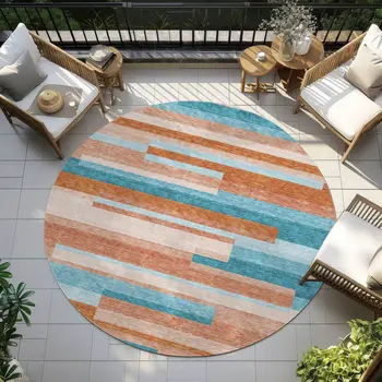 8' Orange Teal Blue And Salmon Round Striped Washable Indoor Outdoor Area Rug
