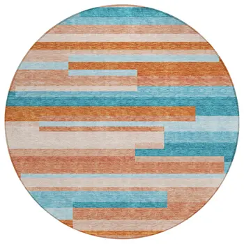 8' Orange Teal Blue And Salmon Round Striped Washable Indoor Outdoor Area Rug