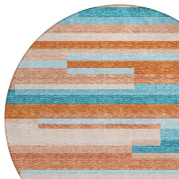 8' Orange Teal Blue And Salmon Round Striped Washable Indoor Outdoor Area Rug