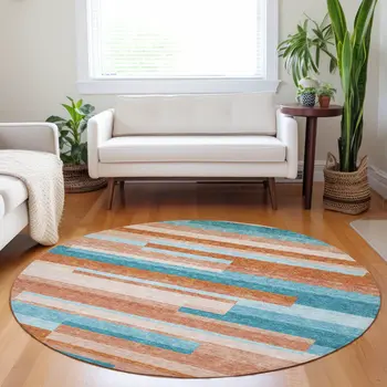 8' Orange Teal Blue And Salmon Round Striped Washable Indoor Outdoor Area Rug
