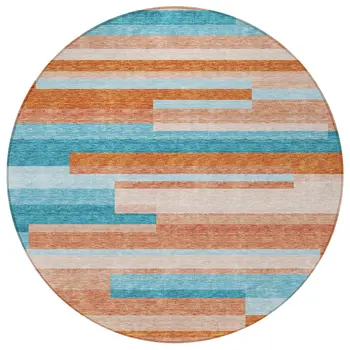 8' Orange Teal Blue And Salmon Round Striped Washable Indoor Outdoor Area Rug