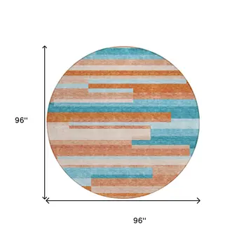 8' Orange Teal Blue And Salmon Round Striped Washable Indoor Outdoor Area Rug