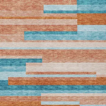 8' X 10' Orange Teal Blue And Salmon Striped Washable Indoor Outdoor Area Rug
