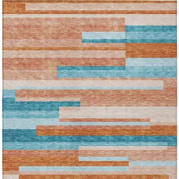 9' X 12' Orange Teal Blue And Salmon Striped Washable Indoor Outdoor Area Rug