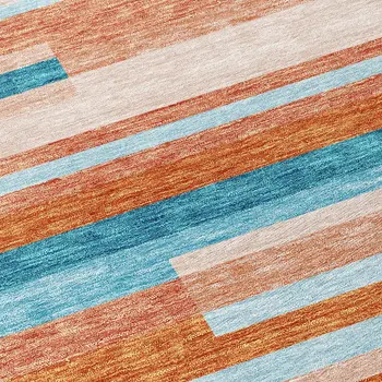 9' X 12' Orange Teal Blue And Salmon Striped Washable Indoor Outdoor Area Rug
