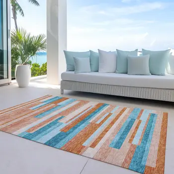 10' X 14' Orange Teal Blue And Salmon Striped Washable Indoor Outdoor Area Rug