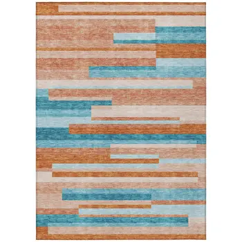 10' X 14' Orange Teal Blue And Salmon Striped Washable Indoor Outdoor Area Rug