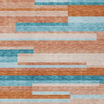10' X 14' Orange Teal Blue And Salmon Striped Washable Indoor Outdoor Area Rug