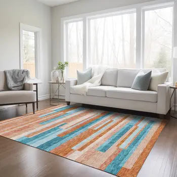 10' X 14' Orange Teal Blue And Salmon Striped Washable Indoor Outdoor Area Rug