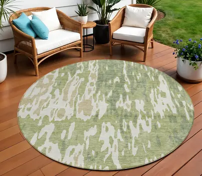 8' Sage And Ivory Round Abstract Washable Indoor Outdoor Area Rug