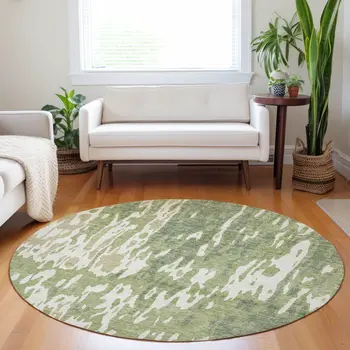 8' Sage And Ivory Round Abstract Washable Indoor Outdoor Area Rug