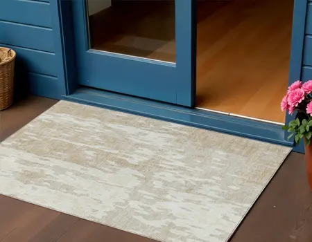 3' X 5' Beige And Ivory Abstract Washable Indoor Outdoor Area Rug