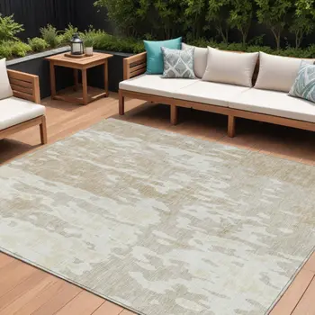9' X 12' Beige And Ivory Abstract Washable Indoor Outdoor Area Rug