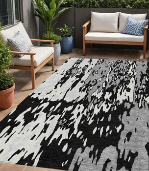 5' X 8' Black And Ivory Abstract Washable Indoor Outdoor Area Rug
