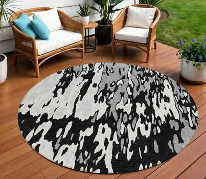 8' Black And Ivory Round Abstract Washable Indoor Outdoor Area Rug