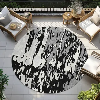 8' Black And Ivory Round Abstract Washable Indoor Outdoor Area Rug
