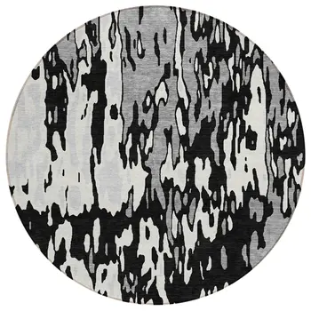 8' Black And Ivory Round Abstract Washable Indoor Outdoor Area Rug