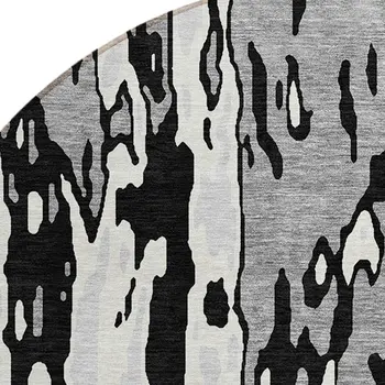 8' Black And Ivory Round Abstract Washable Indoor Outdoor Area Rug