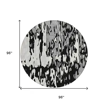 8' Black And Ivory Round Abstract Washable Indoor Outdoor Area Rug