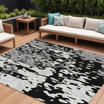 9' X 12' Black And Ivory Abstract Washable Indoor Outdoor Area Rug