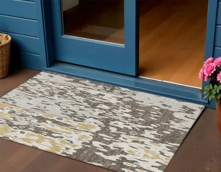 3' X 5' Brown And Ivory Abstract Washable Indoor Outdoor Area Rug