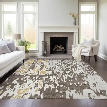 3' X 5' Brown And Ivory Abstract Washable Indoor Outdoor Area Rug