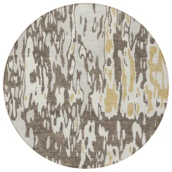 8' Brown And Ivory Round Abstract Washable Indoor Outdoor Area Rug