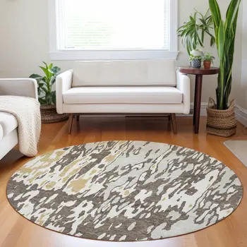 8' Brown And Ivory Round Abstract Washable Indoor Outdoor Area Rug