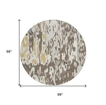 8' Brown And Ivory Round Abstract Washable Indoor Outdoor Area Rug