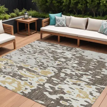 9' X 12' Brown And Ivory Abstract Washable Indoor Outdoor Area Rug