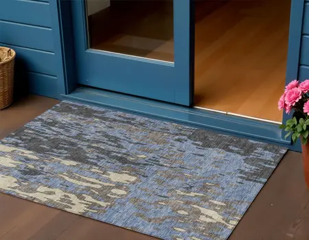 3' X 5' Denim Blue And Beige Abstract Washable Indoor Outdoor Area Rug