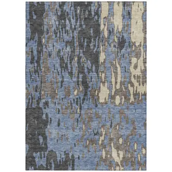 3' X 5' Denim Blue And Beige Abstract Washable Indoor Outdoor Area Rug