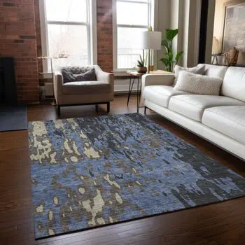 3' X 5' Denim Blue And Beige Abstract Washable Indoor Outdoor Area Rug