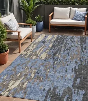 5' X 8' Denim Blue And Beige Abstract Washable Indoor Outdoor Area Rug