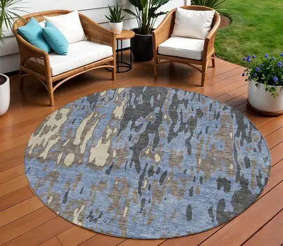 8' Denim Blue And Beige Round Abstract Washable Indoor Outdoor Area Rug