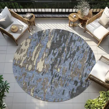 8' Denim Blue And Beige Round Abstract Washable Indoor Outdoor Area Rug