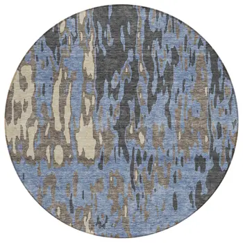 8' Denim Blue And Beige Round Abstract Washable Indoor Outdoor Area Rug