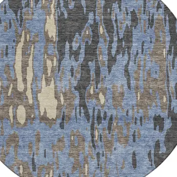 8' Denim Blue And Beige Round Abstract Washable Indoor Outdoor Area Rug