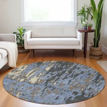 8' Denim Blue And Beige Round Abstract Washable Indoor Outdoor Area Rug