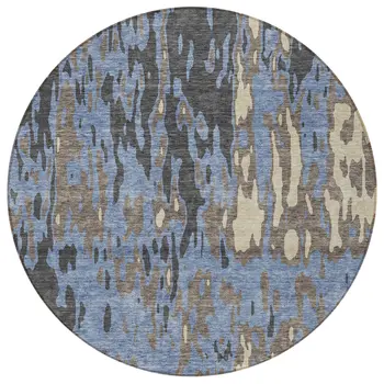 8' Denim Blue And Beige Round Abstract Washable Indoor Outdoor Area Rug
