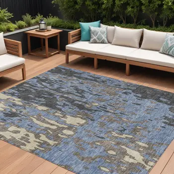 8' X 10' Denim Blue And Beige Abstract Washable Indoor Outdoor Area Rug