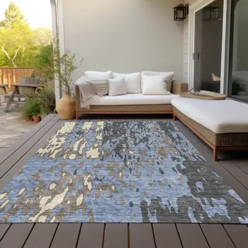 10' X 14' Denim Blue And Beige Abstract Washable Indoor Outdoor Area Rug