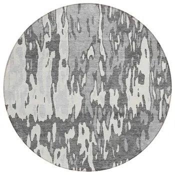8' Gray And Ivory Round Abstract Washable Indoor Outdoor Area Rug