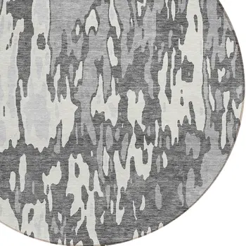 8' Gray And Ivory Round Abstract Washable Indoor Outdoor Area Rug